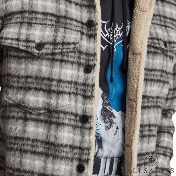 All Saints **NWT** Anvik Sherpa-Lined Wool Blend Check Plaid Jacket Light Grey - Picture 3 of 14